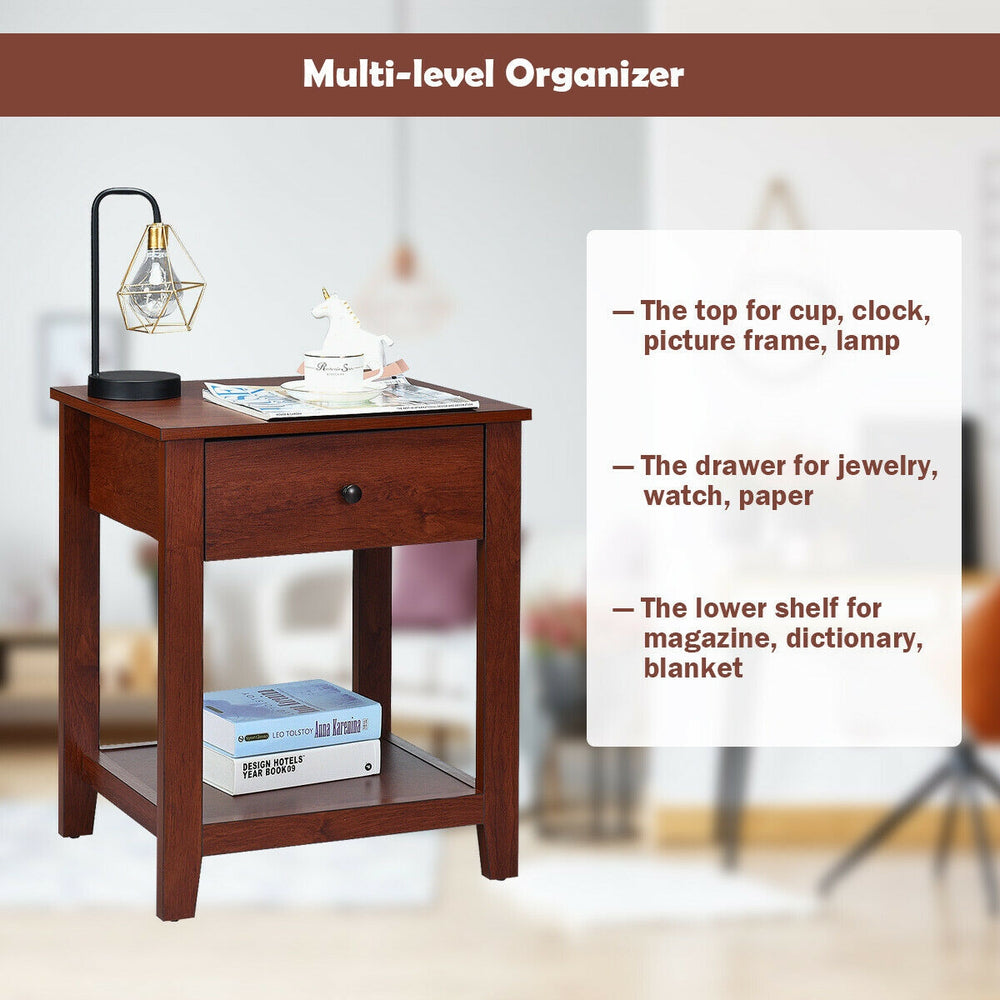 Single nightstand with drawer and open shelf, made of particleboard, ideal for bedroom or living room storage.