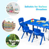 Blue stackable plastic classroom chairs for kids, ASTM certified, ideal for indoor and outdoor use in various settings.