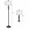 2 table lamps and 1 floor lamp set with white fabric shades, metal construction, ideal for traditional or rustic decor.