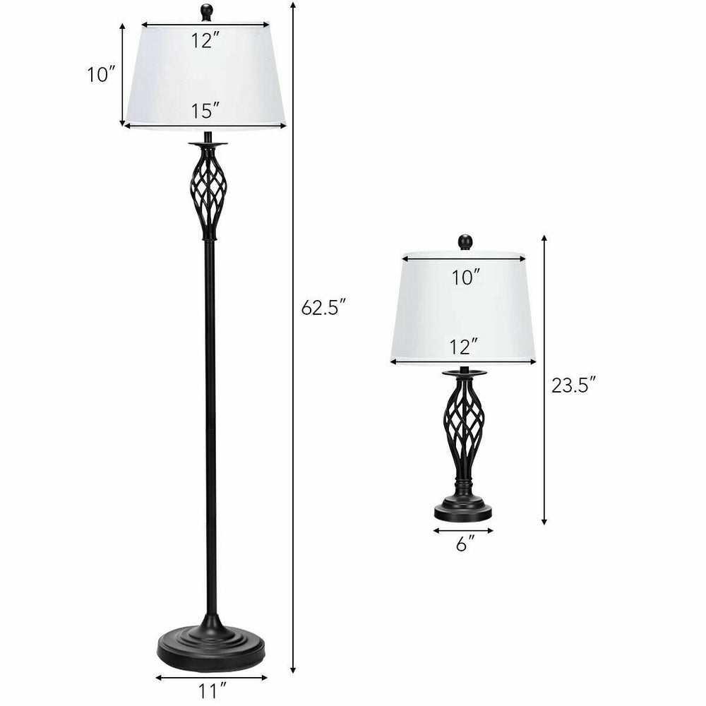 2 table lamps and 1 floor lamp set with white fabric shades, metal construction, ideal for traditional or rustic decor.