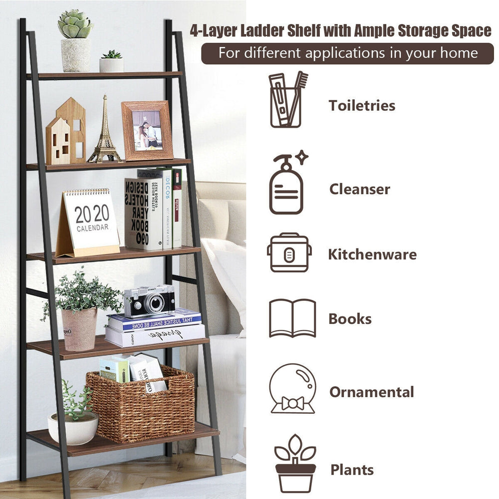 5-tier ladder bookshelf made of steel and particle board, ideal for stylish storage in living room or study.