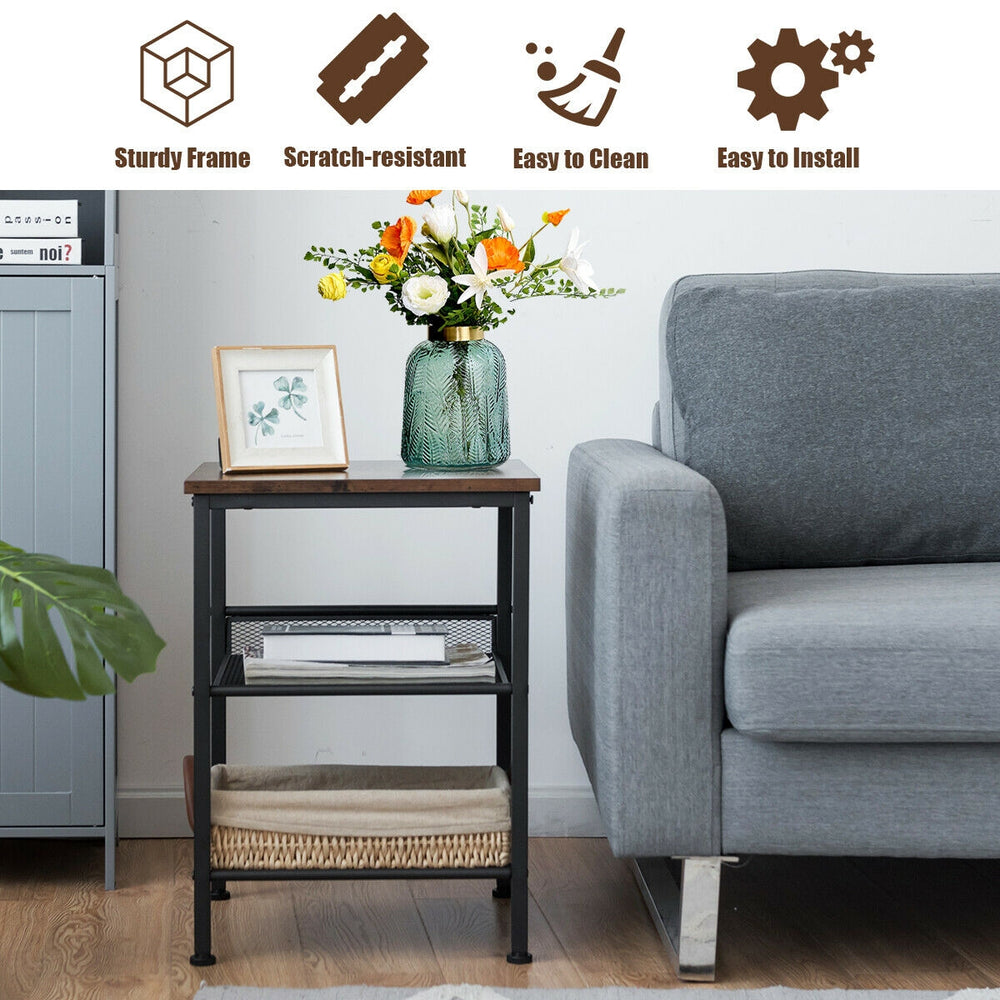 3-tier industrial end table with adjustable mesh shelves and sturdy steel frame, perfect for living room or bedroom.
