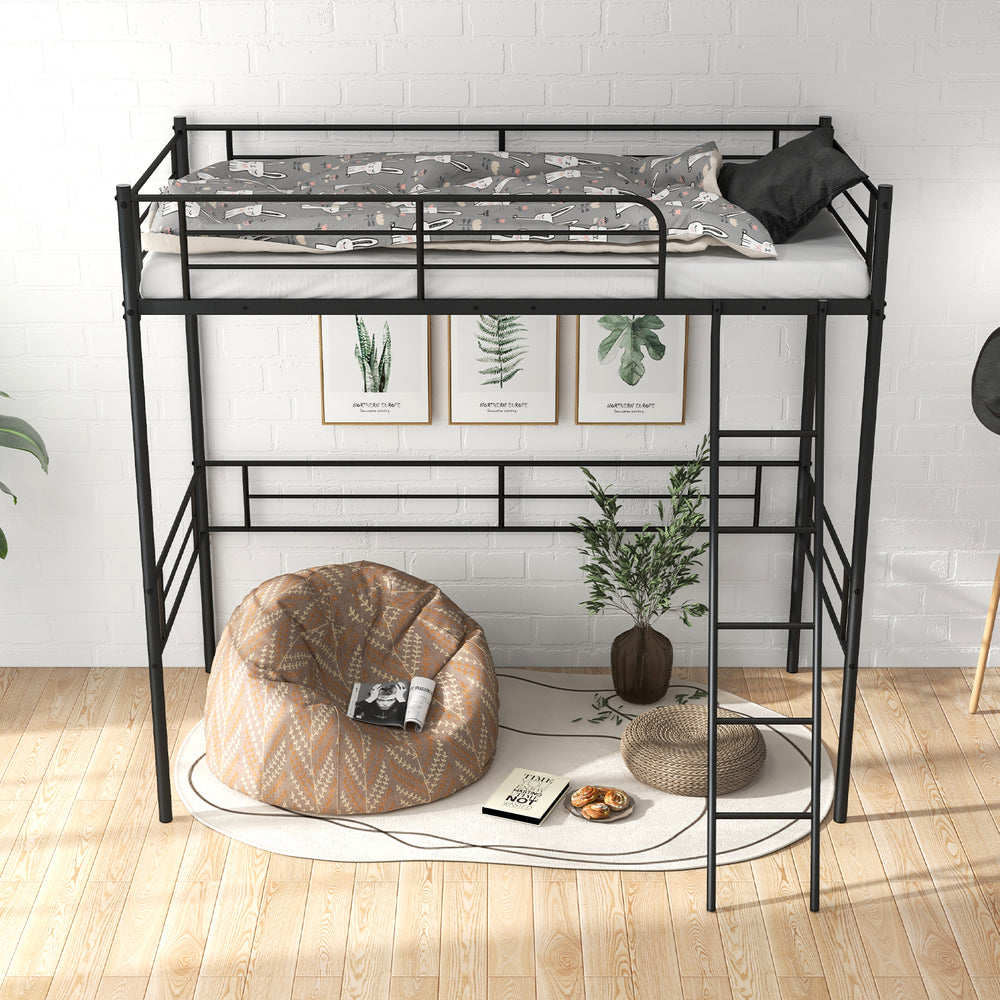Metal loft twin bed frame in black with a cozy study area below, featuring a side ladder and raised guardrail for.