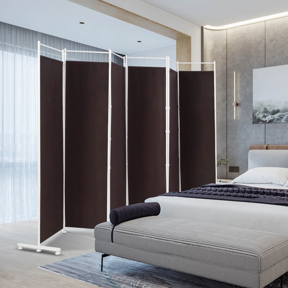 6-panel brown room divider with durable polyester fabric and steel frame, ideal for creating private spaces in any room.