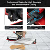 Manual tile cutter with sharp tungsten carbide blade and removable measuring scale for precise cutting of various tiles.