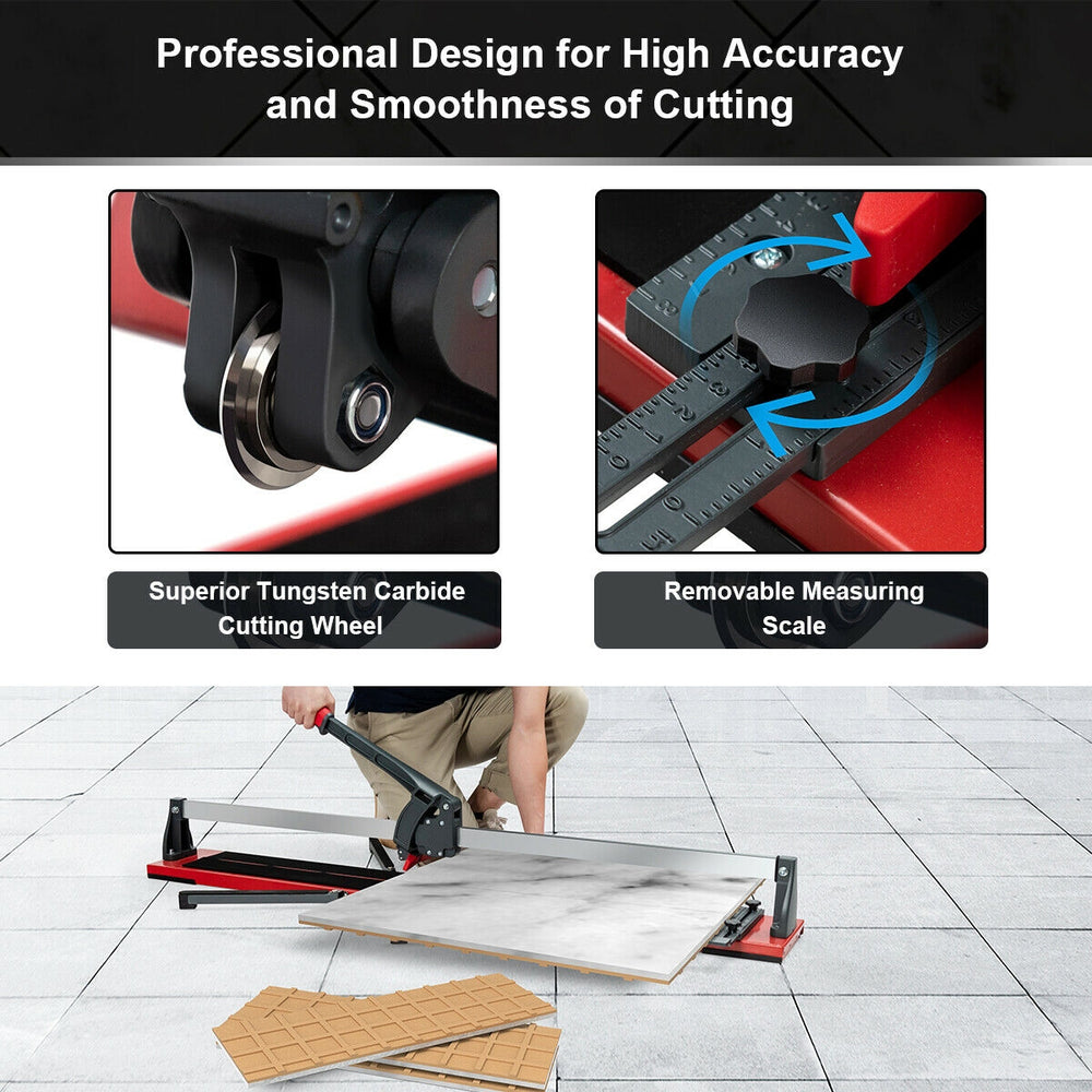 Manual tile cutter with sharp tungsten carbide blade and removable measuring scale for precise cutting of various tiles.