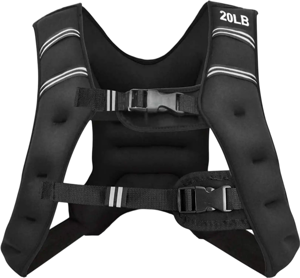 Adjustable 20 lbs training weight vest in black with breathable material and reflective strips for enhanced safety.