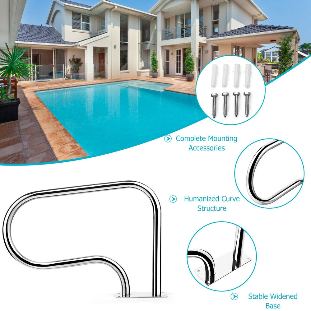 Stainless steel swimming pool handrail with a curved design and square base for stability, ideal for safe pool access.