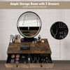 Industrial makeup dressing table in rustic brown with touch screen mirror, two drawers, and matching stool for storage.