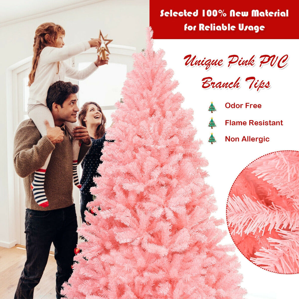 7.5 feet pink artificial Christmas tree with full-bodied design, made of odor-free PVC, perfect for festive decorations.