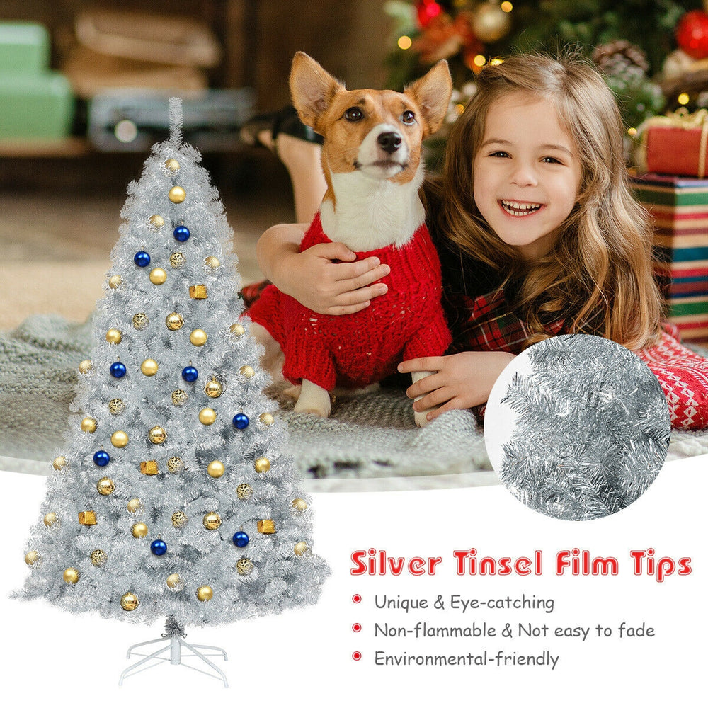 7.5 ft unlit artificial silver tinsel Christmas tree with 1258 branch tips, perfect for festive indoor and outdoor.