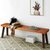Acacia wood dining bench with steel legs, showcasing a natural finish, perfect for outdoor or indoor use.