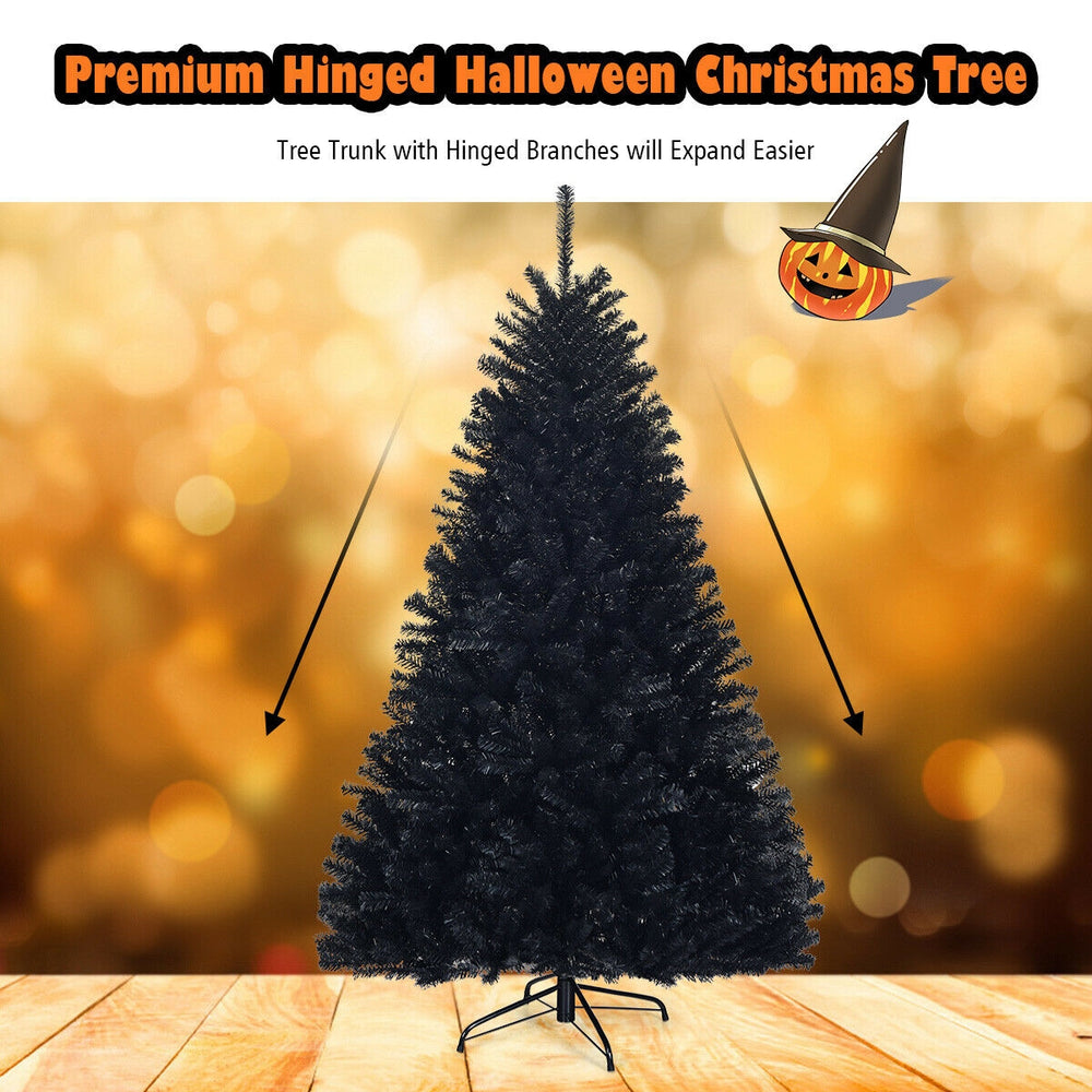 6 feet hinged artificial Halloween Christmas tree in black, featuring 1036 branch tips for realistic decoration.