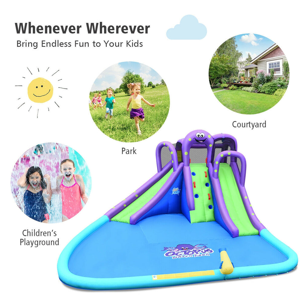 Inflatable water park with a super tall slide, large pool, and water cannon for endless summer fun in the backyard.