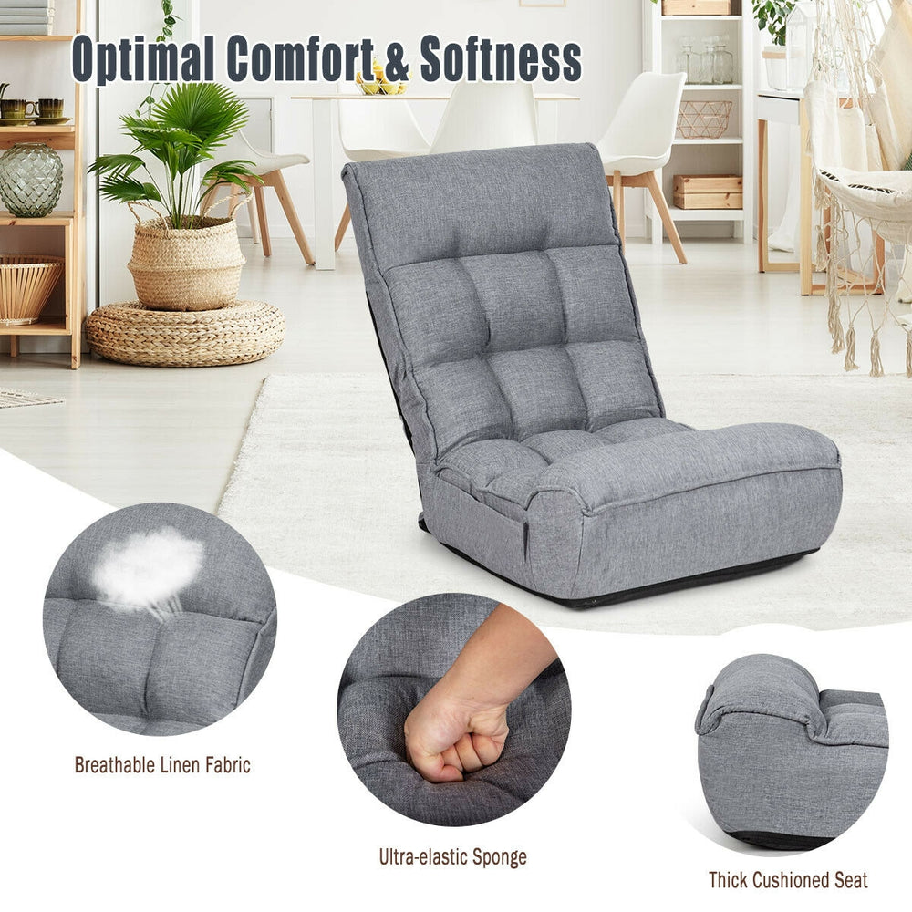 Adjustable gray floor chair with breathable linen fabric and thick cushioned seat, perfect for gaming or reading.
