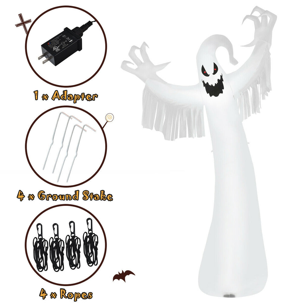12 feet Halloween inflatable spooky ghost with LED lights, equipped with ground stakes and ropes for outdoor stability.