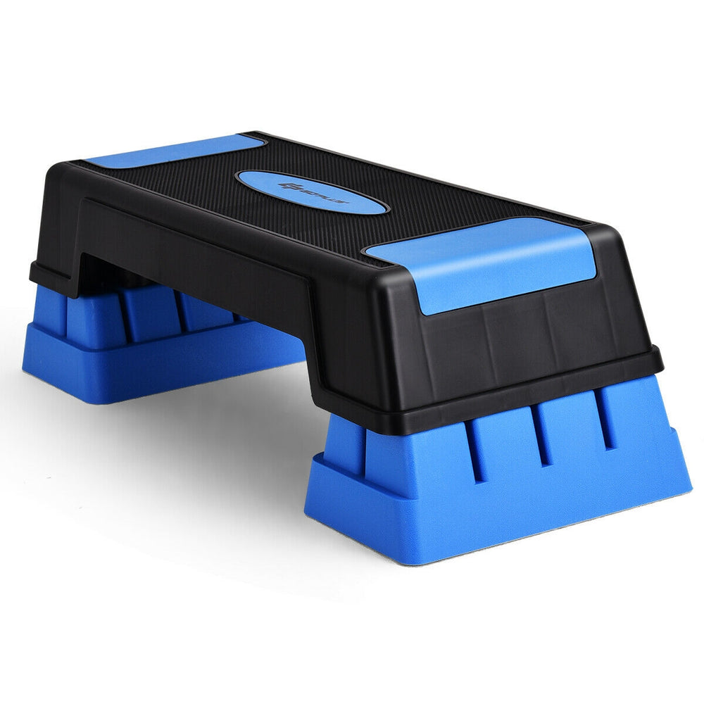 Adjustable aerobic exercise stepper in blue and black, featuring anti-slip surface and three height levels for.