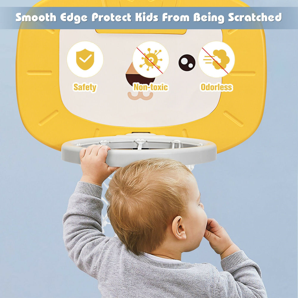 Adjustable yellow kids basketball hoop set with smooth edges, non-toxic materials, suitable for ages 2-7, for indoor.