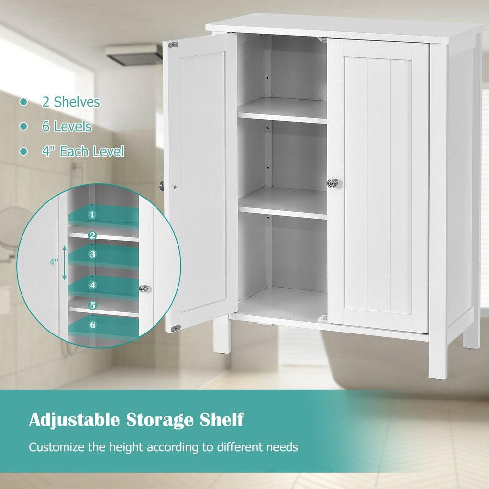 Adjustable 2-door bathroom storage cabinet in white with 2 shelves and 6 height options for versatile organization.