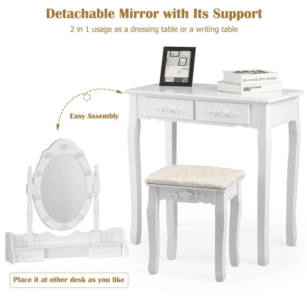 Makeup vanity dressing table set in white with detachable mirror, cushioned stool, and 4 drawers for storage.
