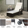 Outdoor rattan chaise lounge with adjustable backrest, cushioned seat, and wheels for easy movement, perfect for patio.