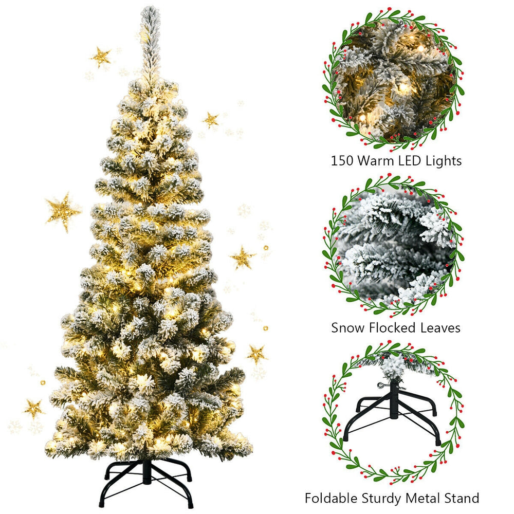 4.5 feet pre-lit snow flocked pencil Christmas tree with 150 warm LED lights, perfect for small spaces and festive.