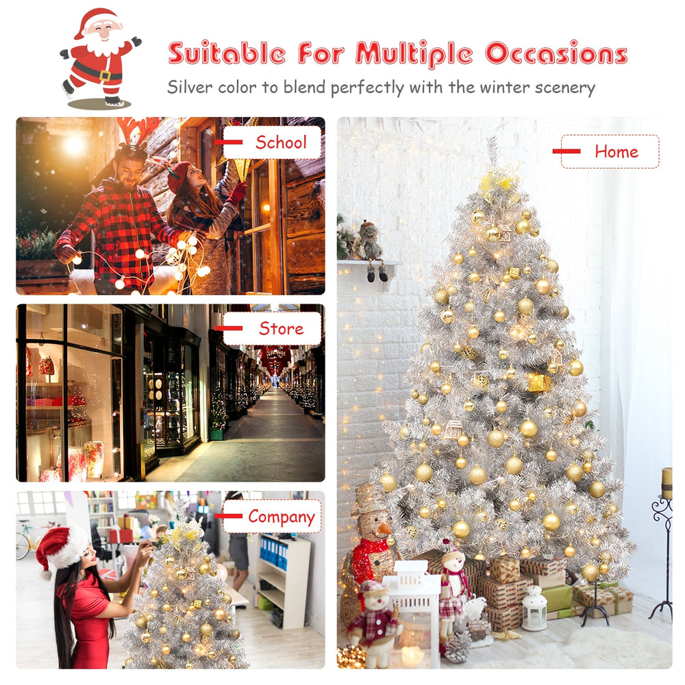 6 feet hinged unlit artificial silver tinsel Christmas tree with 1036 branch tips, perfect for festive indoor and.