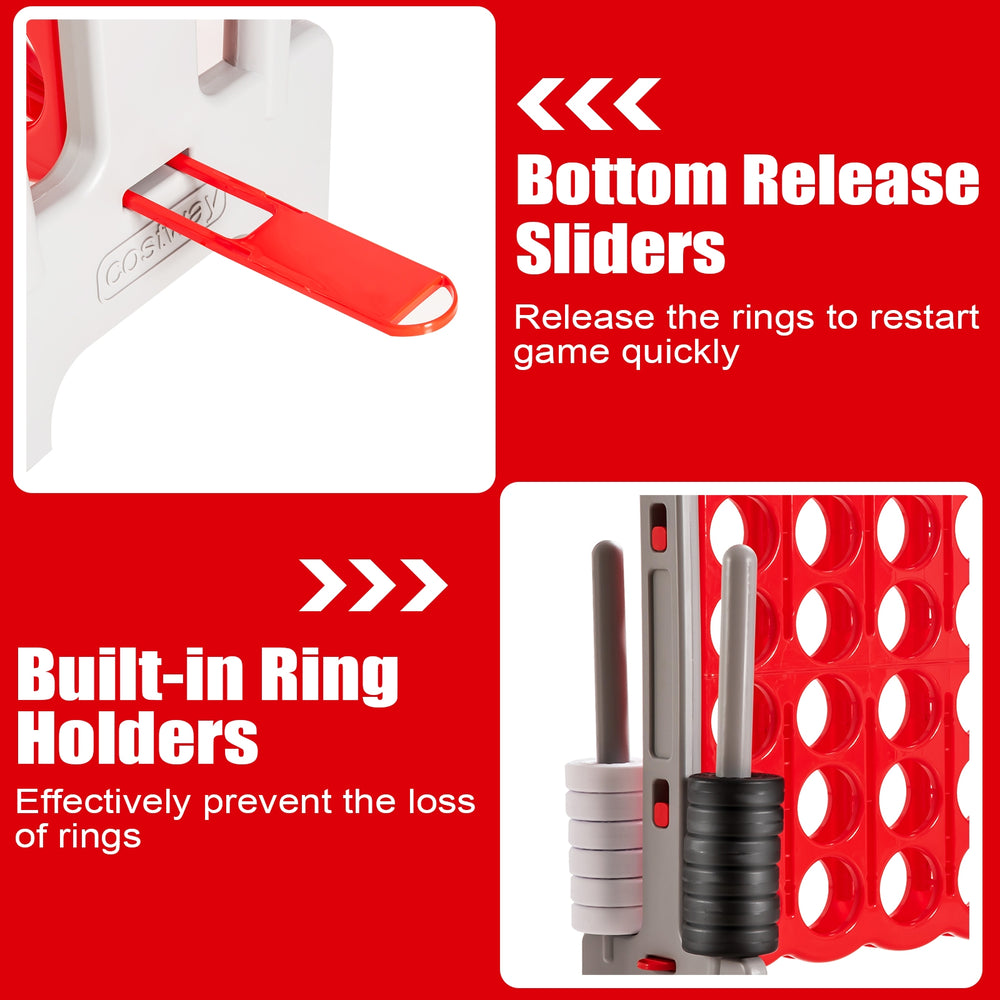 Bottom release sliders and built-in ring holders for the 3.5 feet tall Jumbo 4 to Score game set in red.
