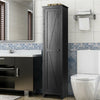 Tall black linen tower bathroom storage cabinet with four shelves, ideal for organizing small spaces in various home.