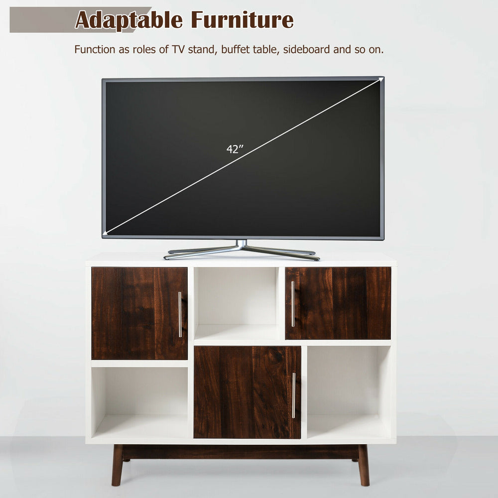 Wood display sideboard storage cabinet with 6 compartments, showcasing a unique irregular design and smooth surface.