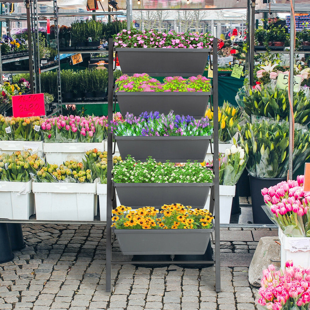 5-tier raised garden bed with flowers, made of durable PP material and iron frame, perfect for planting vegetables and.
