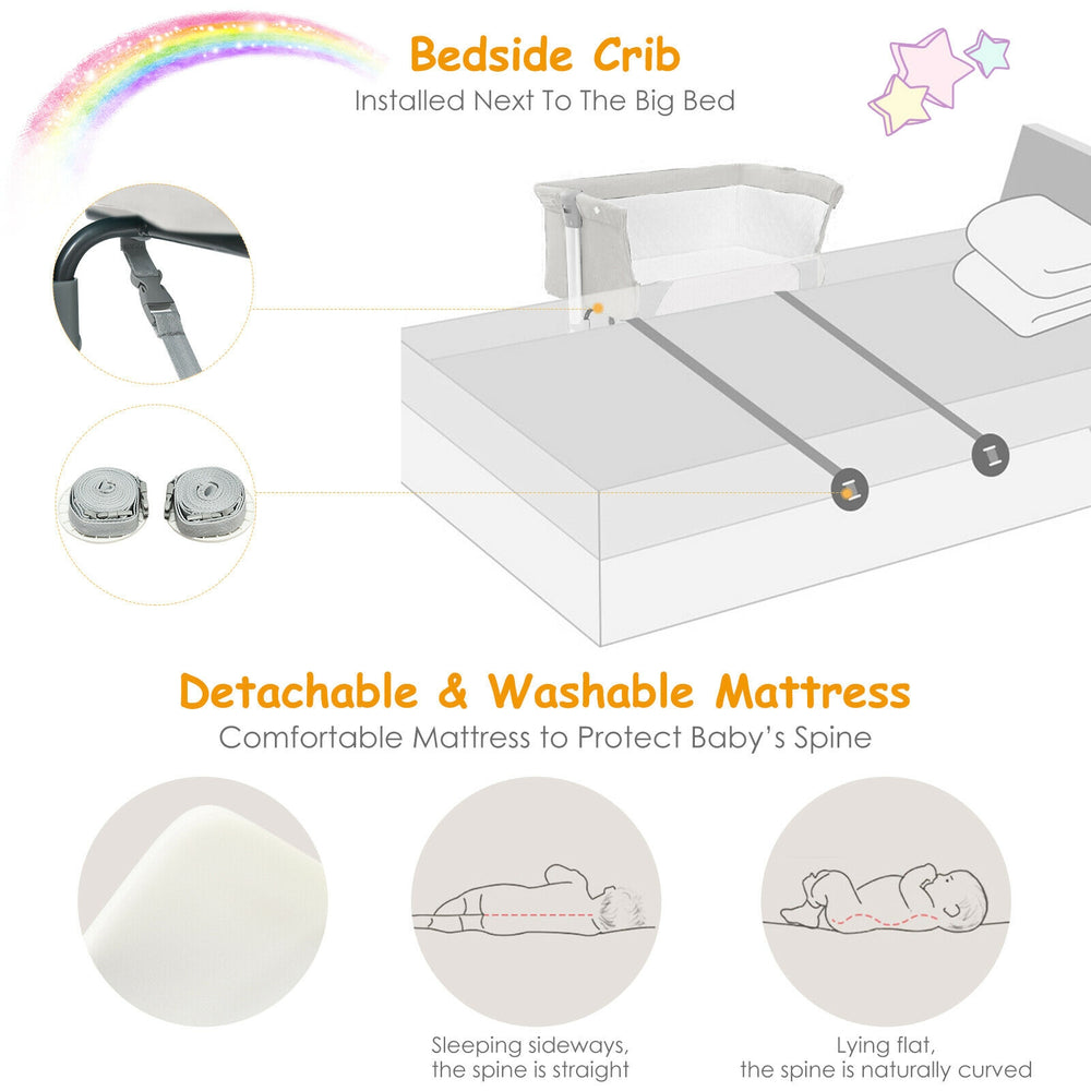 Portable bedside crib in beige with adjustable heights and detachable mattress for safe, comfortable baby sleep.