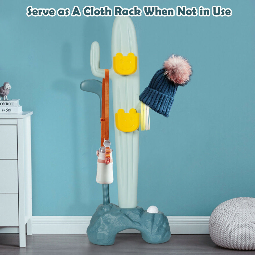 Cactus toy stand with golf and ring-toss games, features a stable base and serves as a cloth rack when not in use.