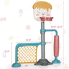 Height adjustable 3-in-1 basketball stand set with soccer goal and roller, suitable for kids' play and skill.
