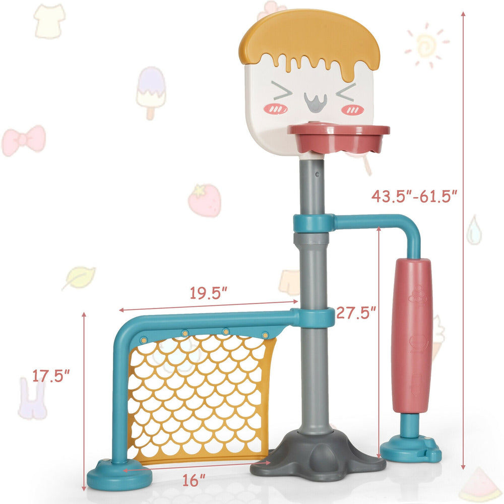 Height adjustable 3-in-1 basketball stand set with soccer goal and roller, suitable for kids' play and skill.