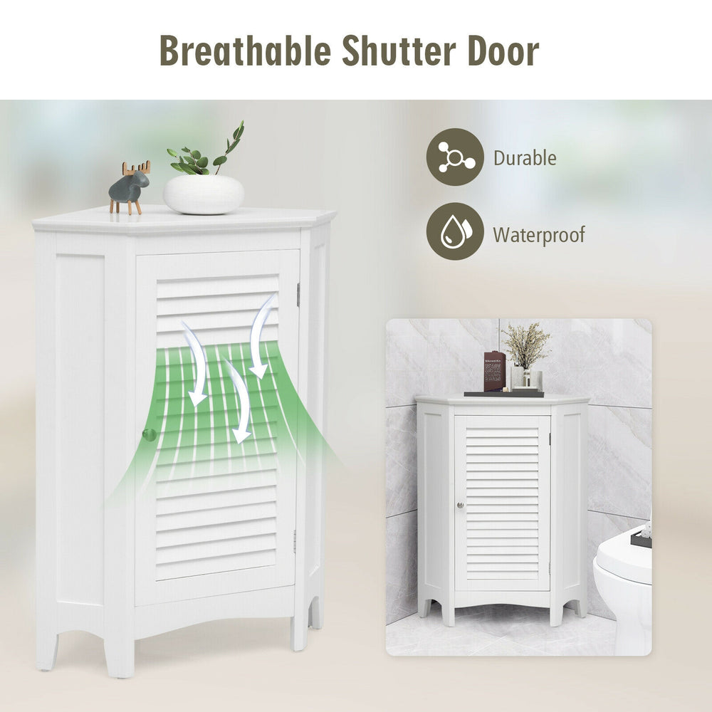 Corner storage cabinet with a shutter door, made of durable MDF, perfect for small spaces in bathrooms or living rooms.