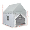 Kids large gray play castle tent with mat, featuring a solid wood frame and mesh door for indoor and outdoor fun.