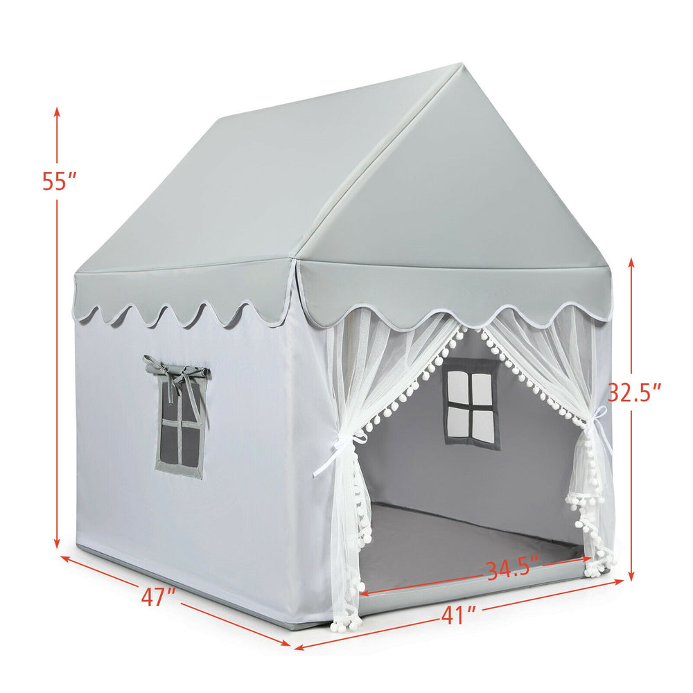 Kids large gray play castle tent with mat, featuring a solid wood frame and mesh door for indoor and outdoor fun.