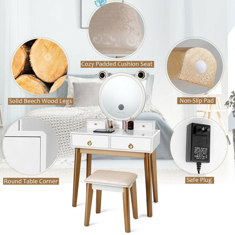 Vanity set featuring a touch screen dimming mirror, solid beech wood legs, and four storage drawers for organized.