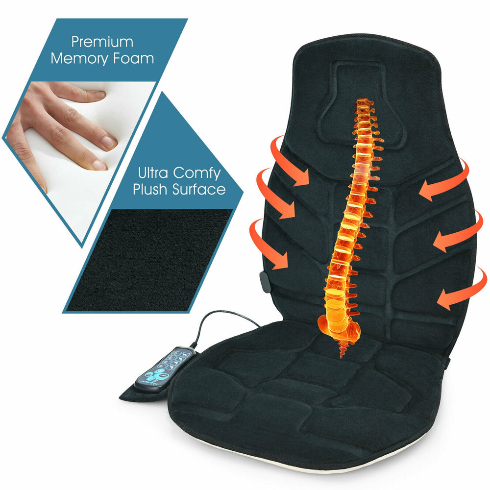 Memory foam seat cushion massager with heat, 6 vibration motors, and plush surface for ultimate comfort at home.