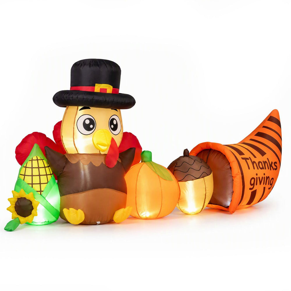 Thanksgiving inflatable turkey with built-in lights, cornucopia, pumpkins, and decorations for festive outdoor displays.