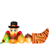 Thanksgiving inflatable turkey with built-in lights, cornucopia, pumpkin, and pinecone for festive outdoor decoration.