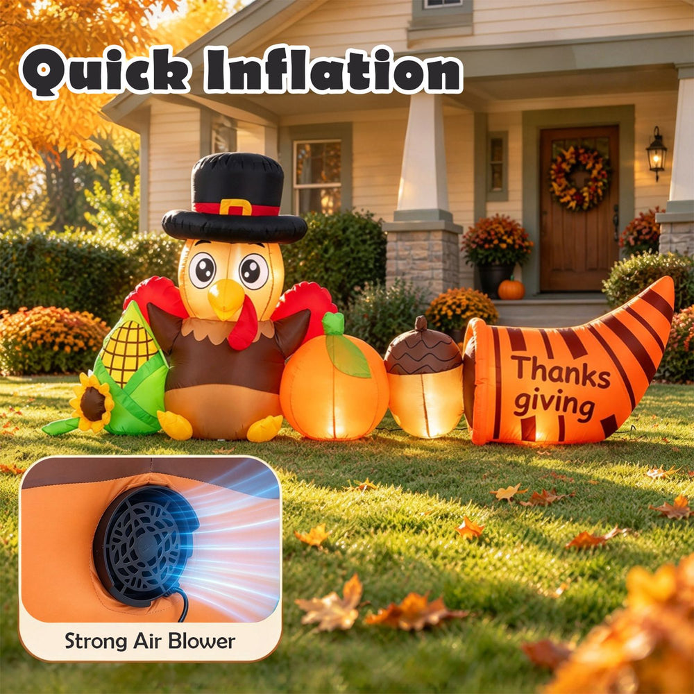 Thanksgiving inflatable turkey with strong air blower, sandbag, and stakes for stability in outdoor decorations.