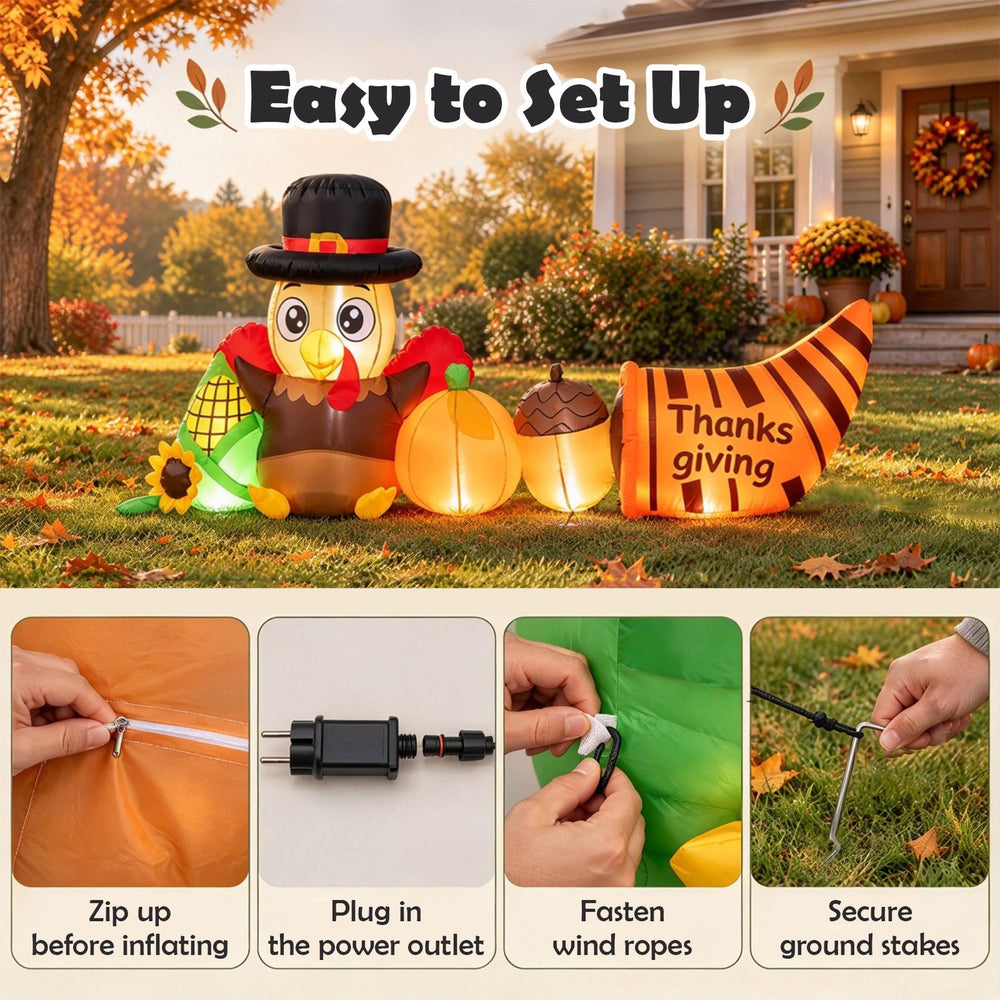 Thanksgiving inflatable turkey with built-in lights, cornucopia, and pumpkins for festive outdoor decoration.