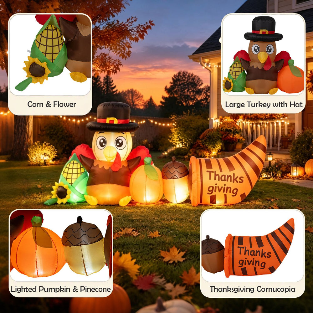 Thanksgiving inflatable turkey with built-in lights, cornucopia, pumpkin, and flower for festive outdoor decoration.