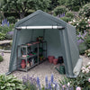 Spacious outdoor storage shed with a roll-up zipper door, featuring a sturdy metal frame for secure garden tool storage.