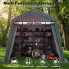 Outdoor storage shed measuring 8.3 x 14 feet with a roll-up zipper door, perfect for bikes and garden tools.