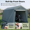 Outdoor storage shed with roll-up zipper door, made of durable PE fabric, ideal for bikes and garden tools.