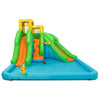 Inflatable water park bounce house with double slides, climbing wall, and splash pool for outdoor summer fun.