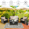 4-piece outdoor rattan furniture set featuring 2 single sofas, a loveseat, and a glass table, perfect for backyard.